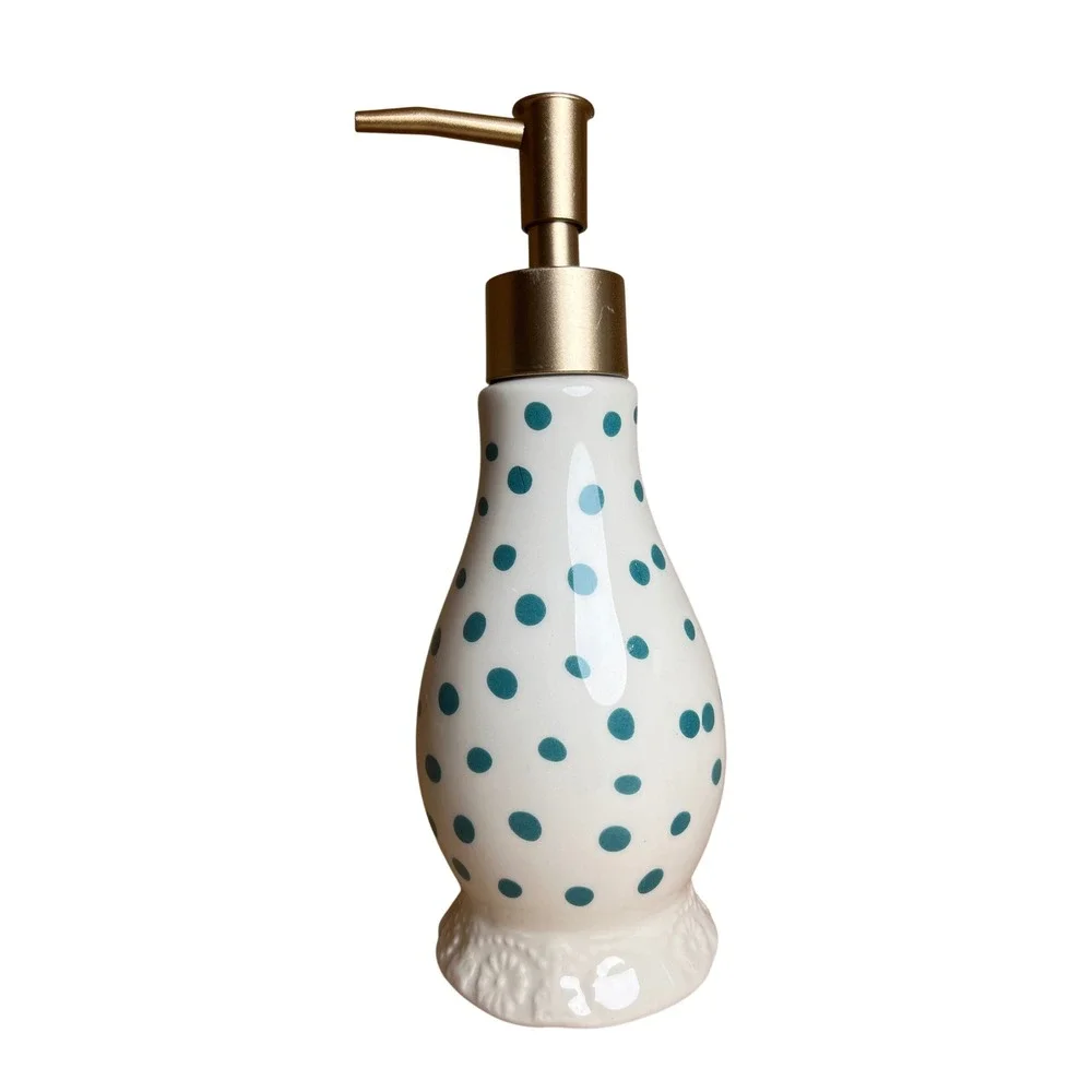 The Pioneer Woman Teal Polka Dot Earthenware Soap Dispenser Gold Pump Retired
